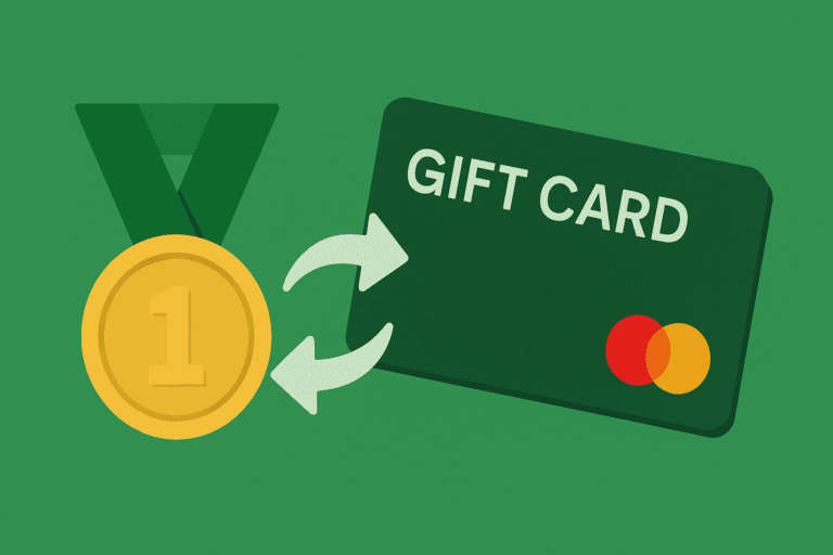 Illustration of a Mastercard gift card next to a gold medal with a green ribbon, symbolising the best Mastercard gift card provider choice for Irish companies.
