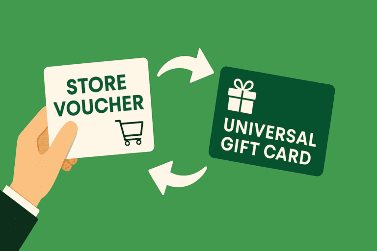 Illustration showing a hand holding a store voucher with a curved arrow pointing towards a universal gift card, symbolising the transition from limited to flexible gifting on a green background.