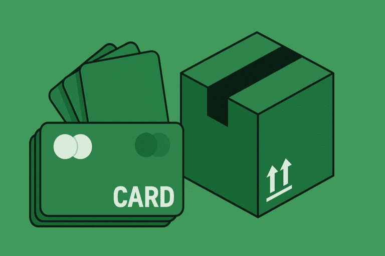 Illustration of bulk Mastercard gift cards beside a green shipping box, representing bulk delivery for business use.