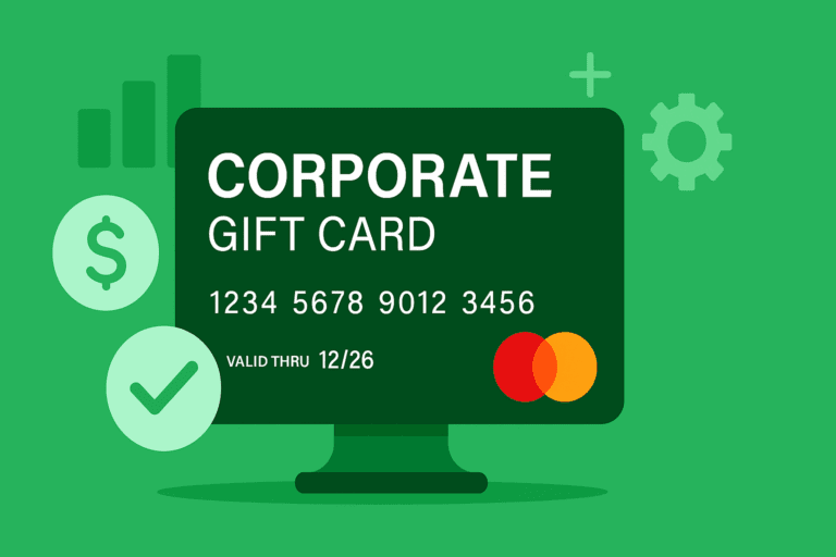 Illustration of a corporate Mastercard gift card on a green background with icons representing financial benefits, features, and settings.
