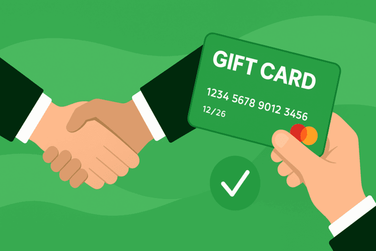 Corporate Mastercard Solutions - Illustration of a handshake with one hand offering a green Mastercard gift card, symbolising corporate gifting and employee rewards.
