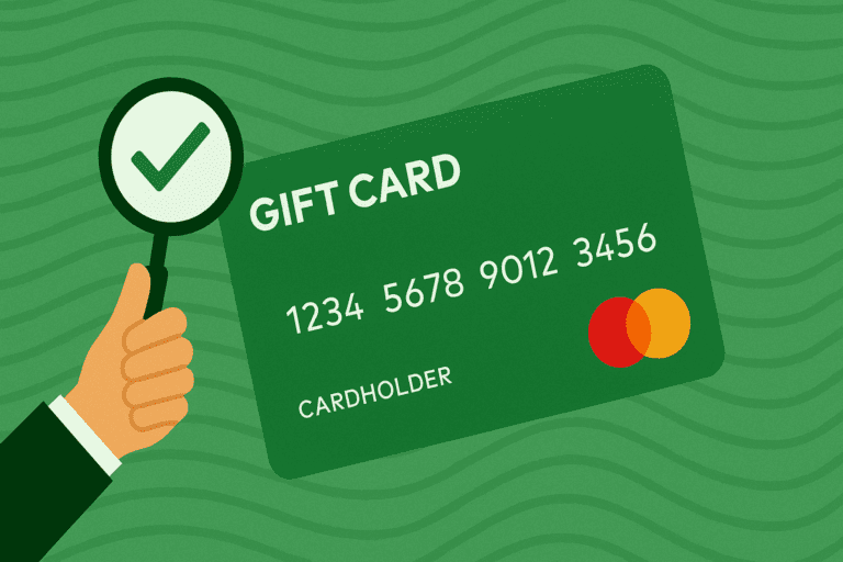 How to Choose the right mastercard gift card provider - Illustration of a hand holding a magnifying glass with a checkmark next to a green Mastercard gift card on a wavy green background.