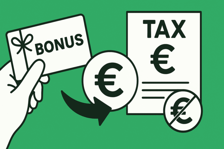 How to Reward Staff Without Paying Extra Tax in Ireland: Illustration of a hand holding a bonus gift card next to a tax document with euro symbols, featuring a crossed-out euro to represent tax-free rewards.