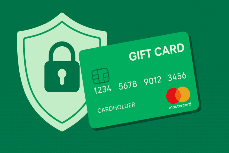 Mastercard Gift Card Security - Illustration of a green Mastercard gift card overlaid on a security shield with a padlock icon, set against a dark green background.