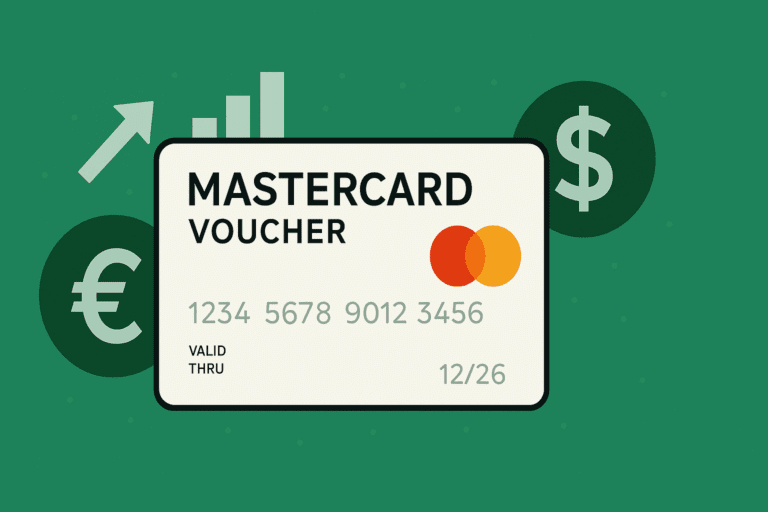 Mastercard vouchers - Illustration of a Mastercard voucher card surrounded by euro and dollar currency symbols and a growth chart on a green background.
