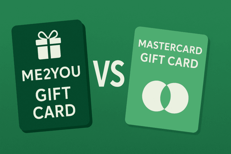 Illustration comparing Me2You vs Mastercard gift cards on a green background, with each card displayed side by side and a 'VS' symbol between them.