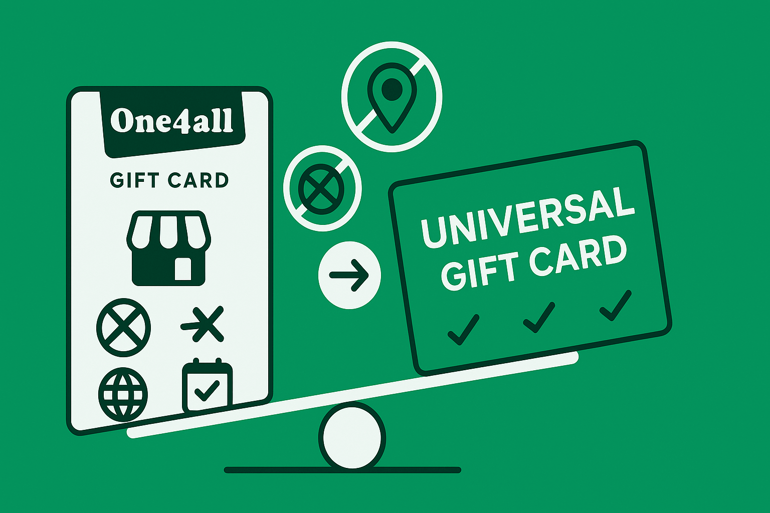 Illustration comparing a One4all gift card with a universal gift card, showing icons of limitations like restricted locations and international use on the One4all card, with the universal card shown as a better alternative — highlighting One4all limitations.