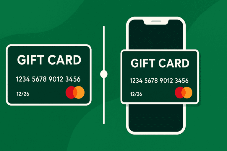 Physical vs Digital Mastercard Gift Cards - Illustration showing a physical Mastercard gift card on the left and a digital version on a smartphone on the right, divided by a vertical line.