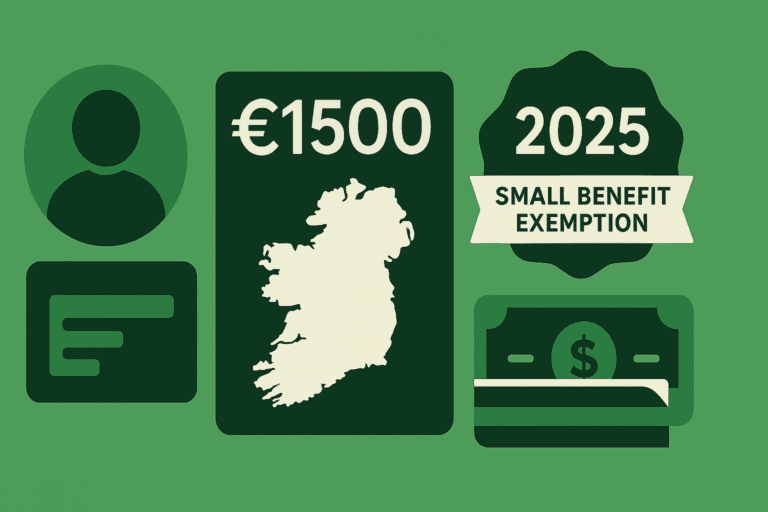 Illustration showing €1500, a map of Ireland, a 2025 Small Benefit Exemption badge, and a person icon on a green background.