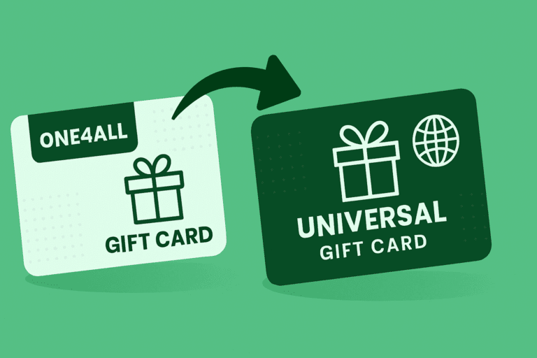 Illustration showing the transition from a One4All gift card to a universal card with an arrow between them on a green background.