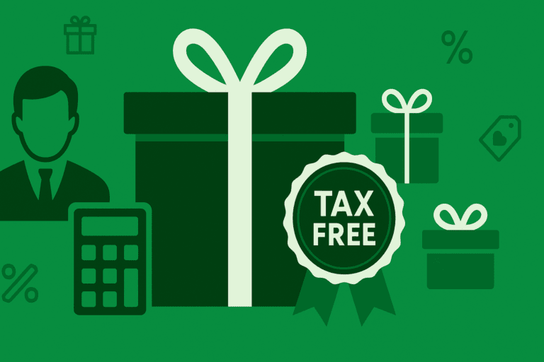 Tax-free employee gifts - Illustration of a green gift box with a tax-free badge, calculator, and employee icon, representing tax-free employee gifts in Ireland.