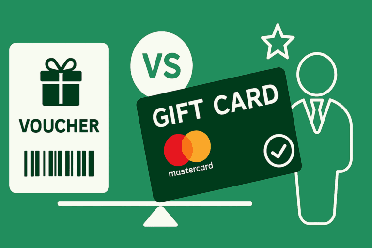 Illustration comparing store vouchers and Mastercard gift cards as employee rewards, featuring a green background with a gift voucher on one side and a Mastercard gift card tilted toward a figure representing an employee.